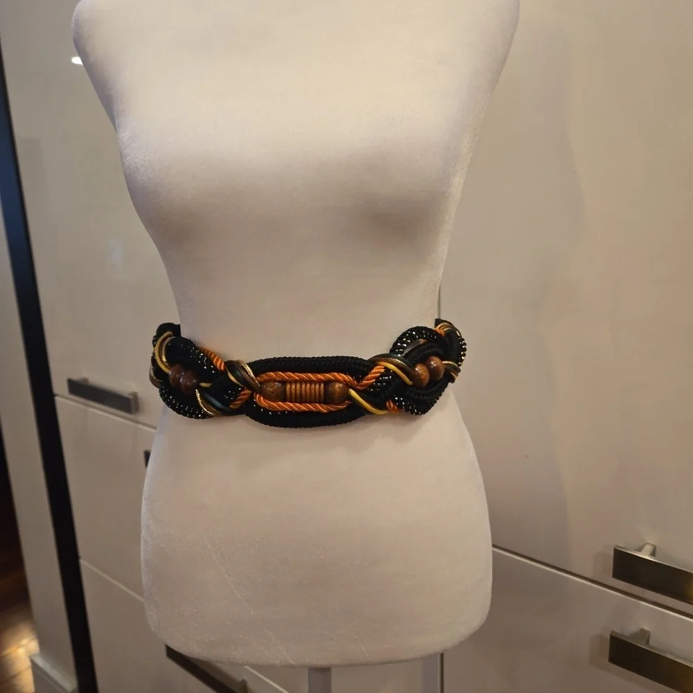 Vintage Braided Nylon Embellished Wood Accent Belt Womens Medium Large